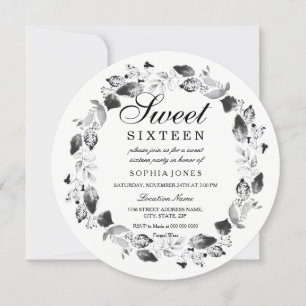 Elegant Svartvit Löv andedräkt 16 Inbjudan