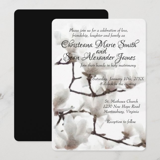 Elegant Svartvit Magnolia-Blommigt, vattenfärg Inbjudningar (Fram/baksida)