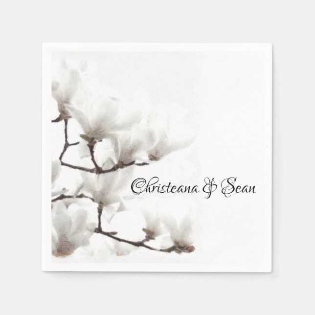 Elegant Svartvit Magnolia-Blommigt, vattenfärg Pappersservett (Framsidan)