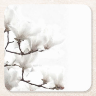Elegant Svartvit Magnolia-Blommigt, vattenfärg Underlägg Papper Kvadrat