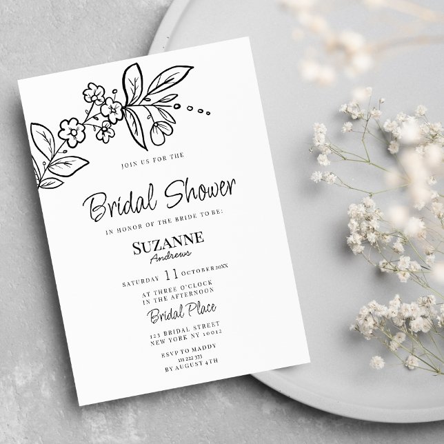 Elegant svartvit Möhippa med enkel blommigt Inbjudningar (Elegant black white simple floral Bridal Shower)