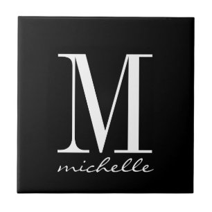 Elegant Svartvit Monogram Namn Anpassningsbar Kakelplatta