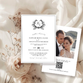 Elegant Svartvit monogram Vapensköld QR-kod Bröllo Inbjudningar