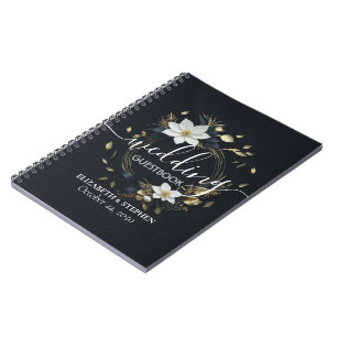 Elegant Svartvit och Guld Blommigt Utandning Bröll Anteckningsbok