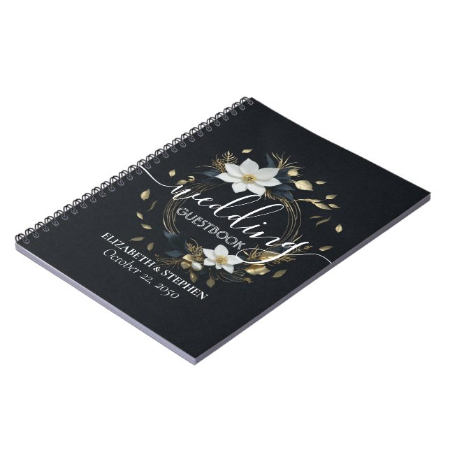 Elegant Svartvit och Guld Blommigt Utandning Bröll Anteckningsbok (Vänstra Sidan)