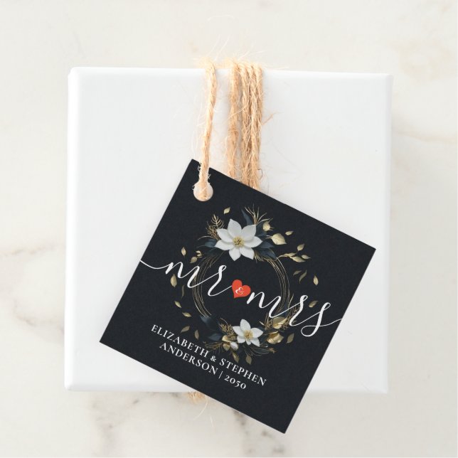 Elegant Svartvit och Guld Blommigt Utandning Bröll Gåvor Etiketter (På plats)
