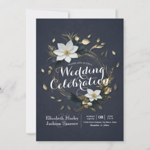 Elegant Svartvit och Guld Blommigt Utandning Bröll Inbjudningar