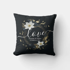 Elegant Svartvit och Guld Blommigt Utandning Bröll Kudde