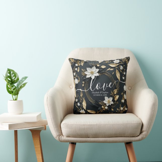 Elegant Svartvit och Guld Blommigt Utandning Bröll Kudde (Stol)