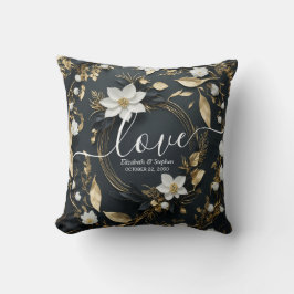 Elegant Svartvit och Guld Blommigt Utandning Bröll Kudde