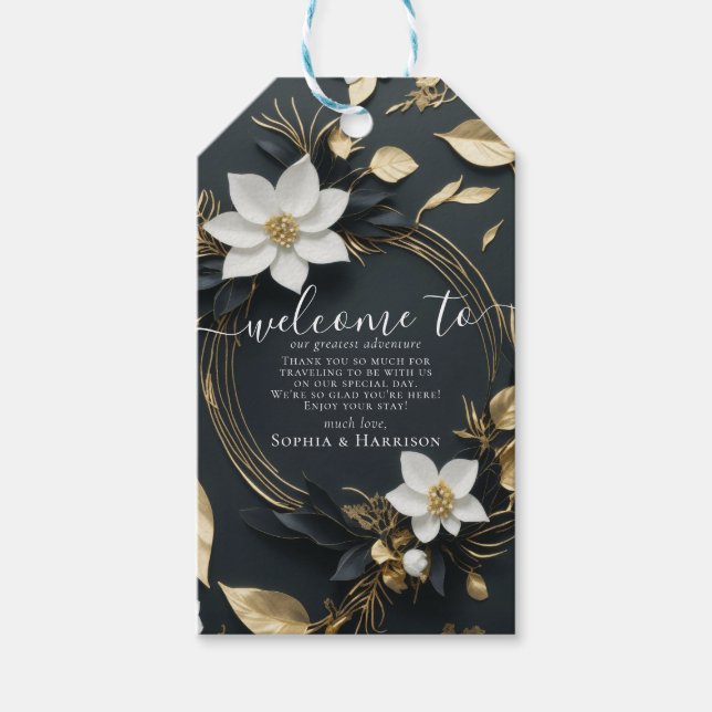 Elegant Svartvit och Guld Blommigt Utandning Bröll Presentetikett (Framsidan)