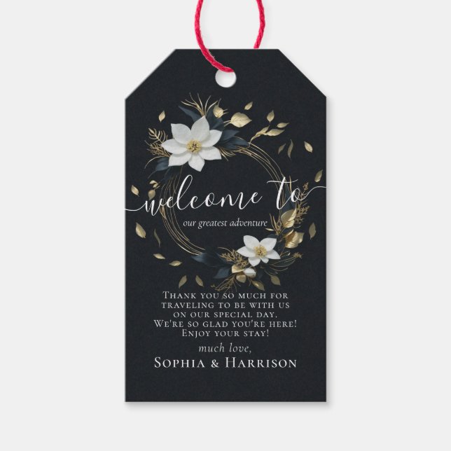 Elegant Svartvit och Guld Blommigt Utandning Bröll Presentetikett (Framsidan)