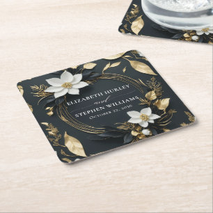 Elegant Svartvit och Guld Blommigt Utandning Bröll Underlägg Papper Kvadrat