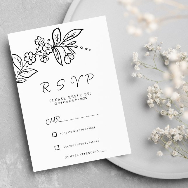 Elegant svartvit OSA med enkel blommigt Inbjudningar (Elegant black white simple floral RSVP )