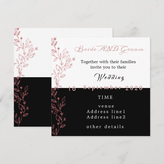 elegant svartvit rosa bröllop inbjudningar (Fram/baksida)