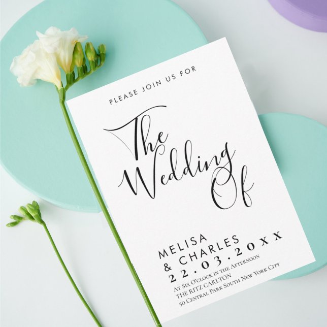 Elegant svartvit skriptanrop inbjudningar (Trendy modern black script on white background wedding invitation)