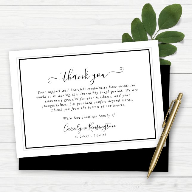 Elegant Svartvit - Tack Kort (Elegant Black and White Sympathy Thank You Card)