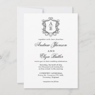 Elegant Svartvit Vapensköld Monogram Bröllop Inbjudningar