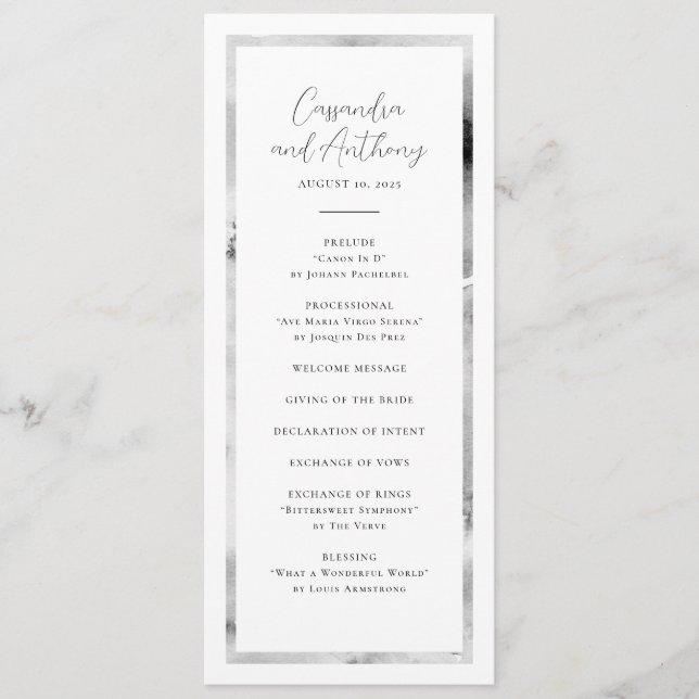 Elegant Svartvit vattenfärg Marble Bröllop Program (Framsida)