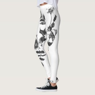 Elegant svartvit vattenfärgsblommigt ro leggings