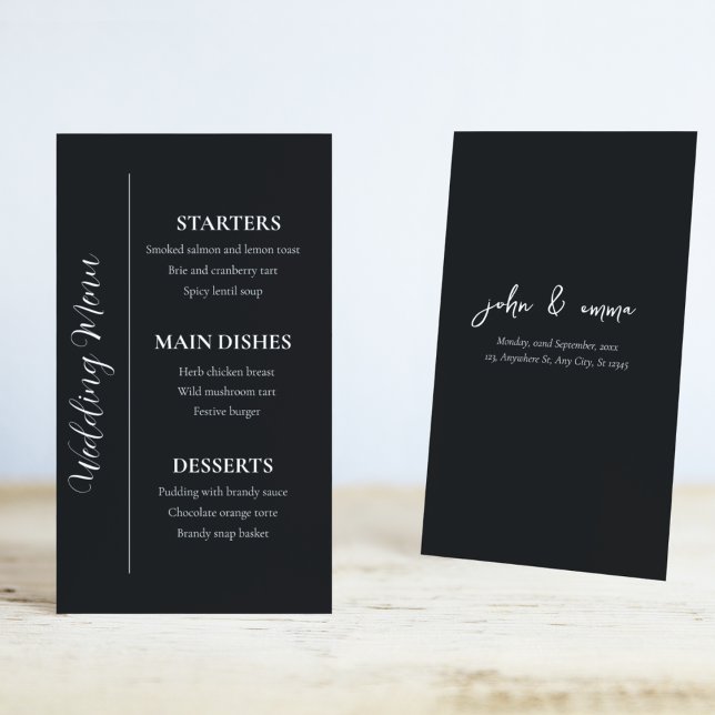 Elegant Svartvitt Bröllop tema Meny (Food is the one that makes your guests remember you most, use this theme wedding menu card)