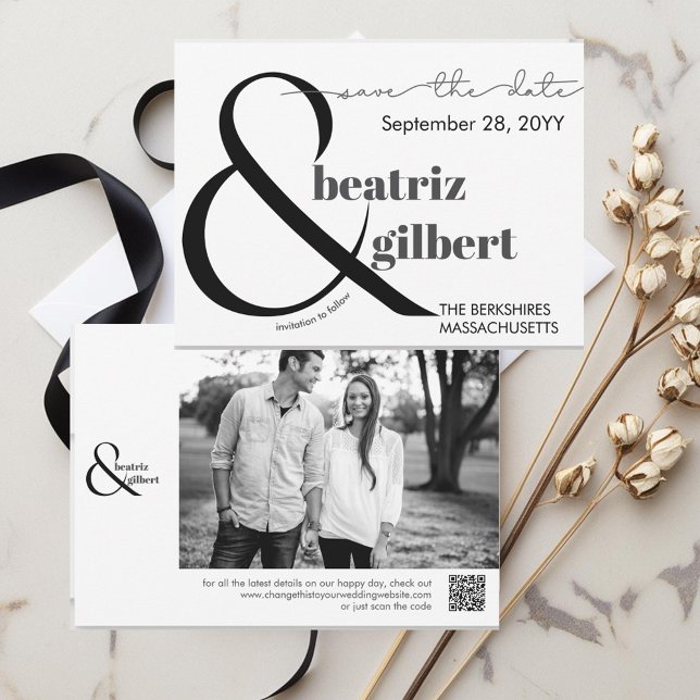 Elegant Svartvitt foto Spara datum Spara Datumet (Modern Elegant typography save the date with your photo and QR code.)