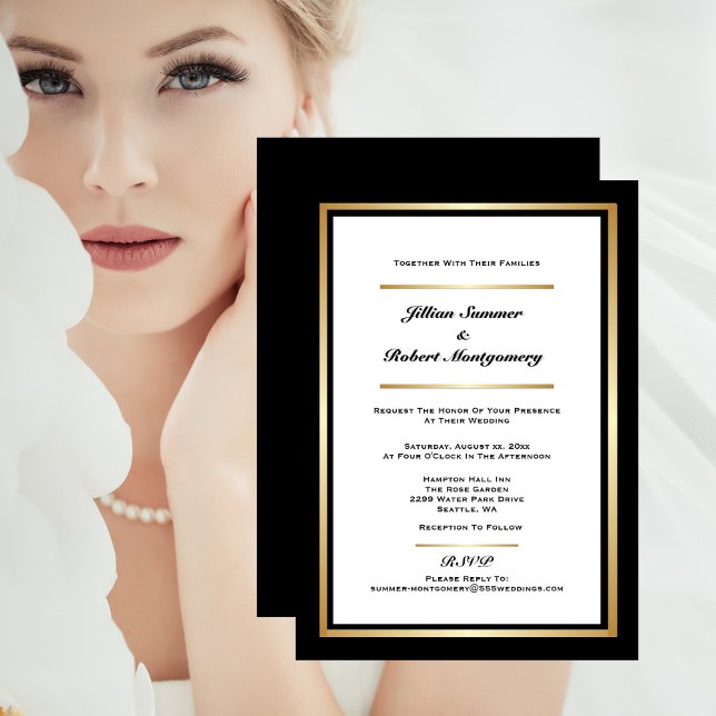 Elegant Svartvitt med Guld Bröllop Inbjudningar (Elegant Black & White With Gold Wedding Invitation)