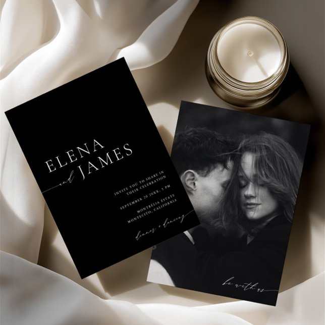 Elegant Svartvitt minimalistiskt Bröllop-foto Inbjudningar (Elegant Black & White Minimalist Wedding Photo)