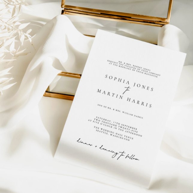 Elegant Svartvitt minimalistiskt Bröllop Inbjudningar (Elegant Black & White Minimalist Wedding Invitation)
