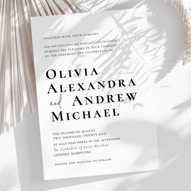 Elegant Svartvitt minimalistiskt skript Bröllop Inbjudningar (Modern Black White Minimalist Formal Wedding Invitation)