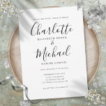 Elegant Svartvitt Namnteckning skript Bröllop Inbjudningar<br><div class="desc">Den här elegantens svartvitt och vita bröllopsinbjudan kan vara personlig med dina uppgifter i chic. Designad av Thisisnotme©</div>