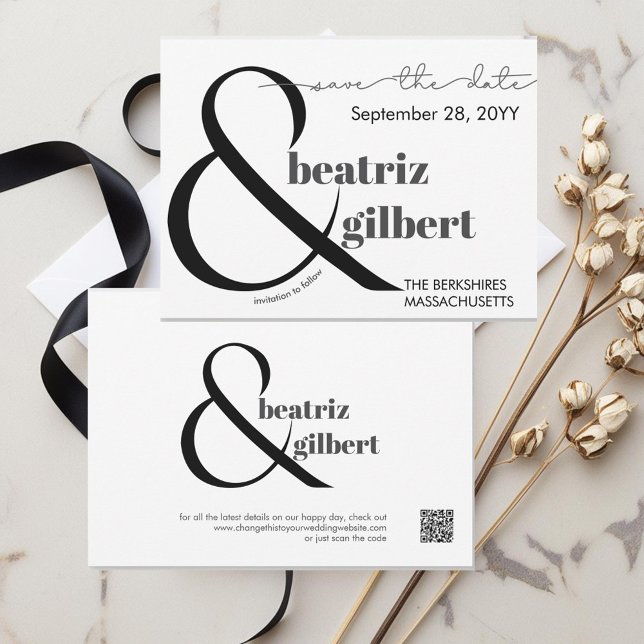 Elegant Svartvitt och Spara datum Spara Datumet (Modern clean ampersand wedding save the date in classic black and white)