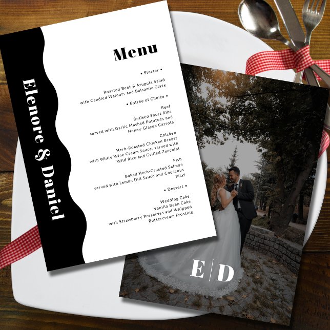 Elegant Svartvitt vågfoto Bröllop Meny (Elegant Black and White Side Wave Photo Wedding Menu)