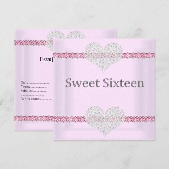 ELEGANT SVEET 16 Diamond Hjärtans Rosa Inbjudningar (Fram/baksida)