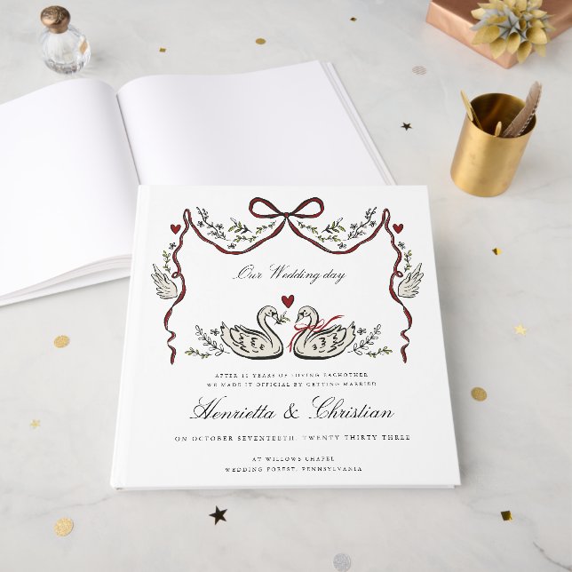 Elegant Swans Love Story Wedding Day Guest Book Gästböcker (Framsidan öppen)