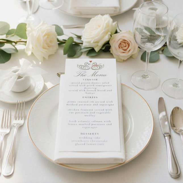 Elegant Swans Romantic Love Script Dinner Menu Meny (Skapare uppladdad)