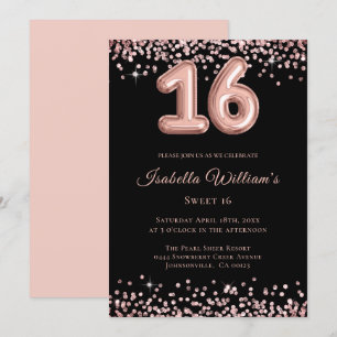 Elegant Sweet 16 Birthday Balloon Black Glitter Inbjudningar