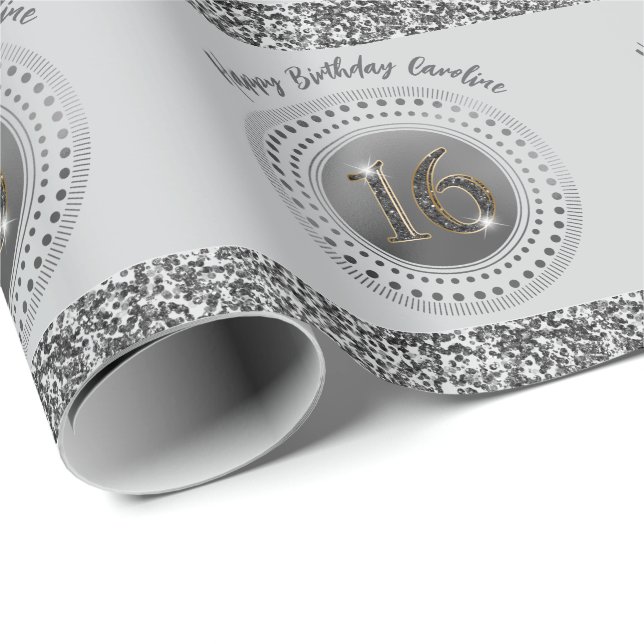 Elegant Sweet 16 Birthday, Black Glitter & Rand Presentpapper (Rullad Hörn)