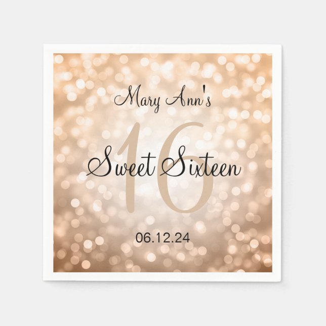 Elegant Sweet 16 Birthday Copper Glitter Ljus Pappersservett (Framsidan)