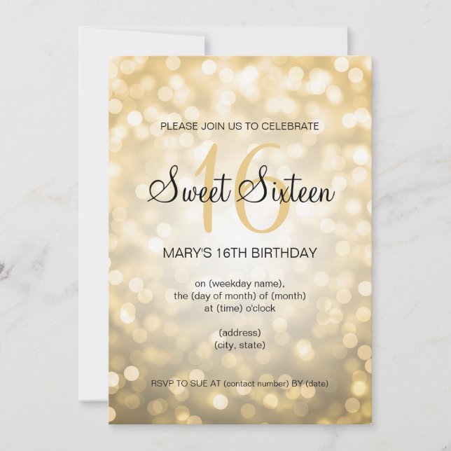 Elegant Sweet 16 Birthday Gold Glitter Lights Inbjudningar (Framsida)