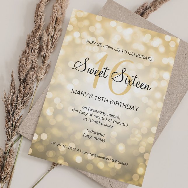 Elegant Sweet 16 Birthday Gold Glitter Lights Inbjudningar (Elegant Sweet 16 Birthday Gold Glitter Lights Invitation)