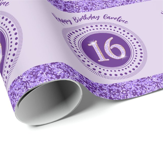 Elegant Sweet 16 Birthday, Lila Glitter & Rand Presentpapper (Rullad Hörn)