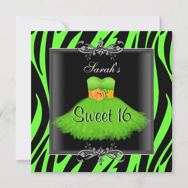 Elegant Sweet 16 Birthday Lime Zebra Black Dress Inbjudningar (Framsida)