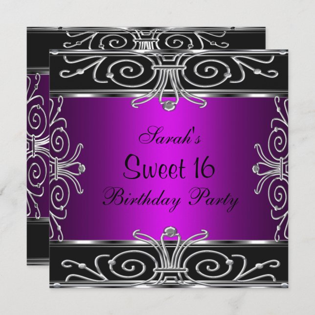 Elegant Sweet 16 Birthday Magenta Black Silver Inbjudningar (Fram/baksida)