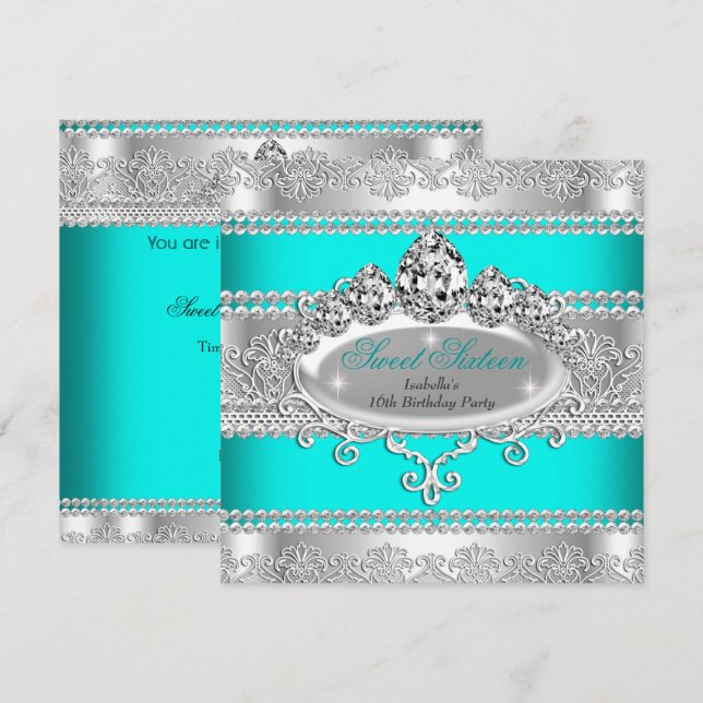 Elegant Sweet 16 Birthday Princess Teal Blue Tiara Inbjudningar (Fram/baksida)
