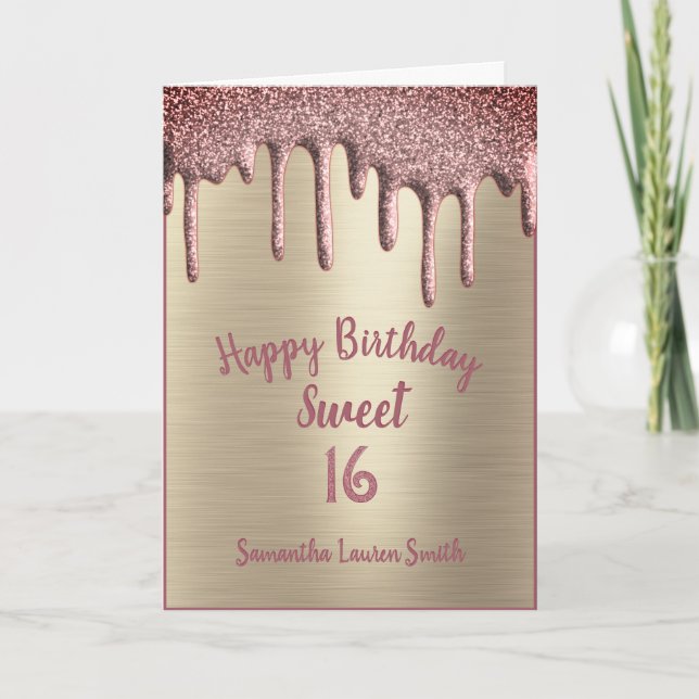 Elegant Sweet 16 Birthday Ro Glitter Drip Kort (Framsida)