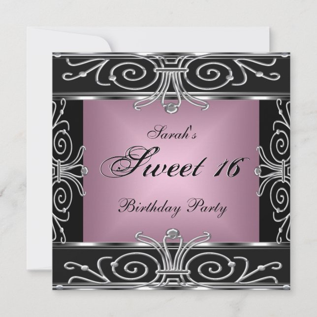 Elegant Sweet 16 Birthday Rosa Black Silver Inbjudningar (Framsida)