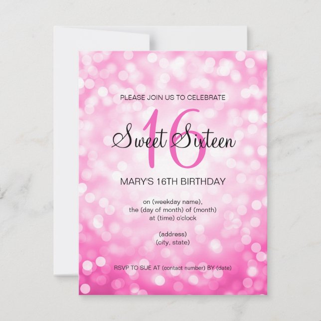 Elegant Sweet 16 Birthday Rosa Glitter Ljus Inbjudningar (Framsida)