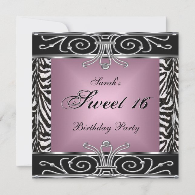 Elegant Sweet 16 Birthday Rosa Zebra Black Silver Inbjudningar (Framsida)