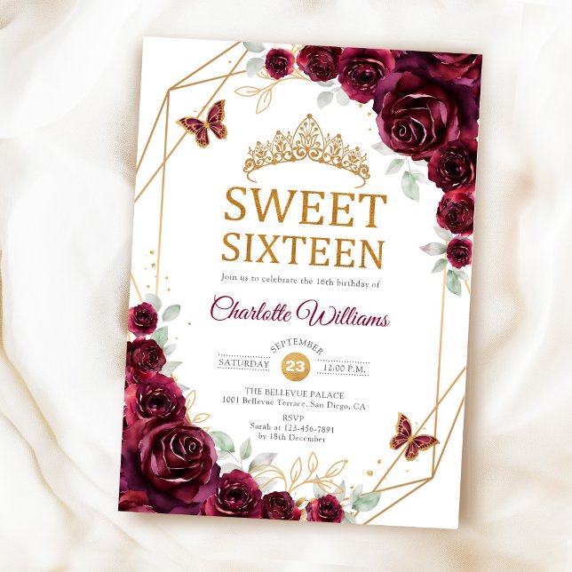 Elegant Sweet 16 Burgunderrosor Guld Inbjudningar (Skapare uppladdad)